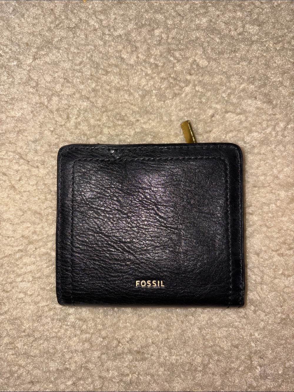 Fossil Black Leather Zip Wallet with Gold Accent